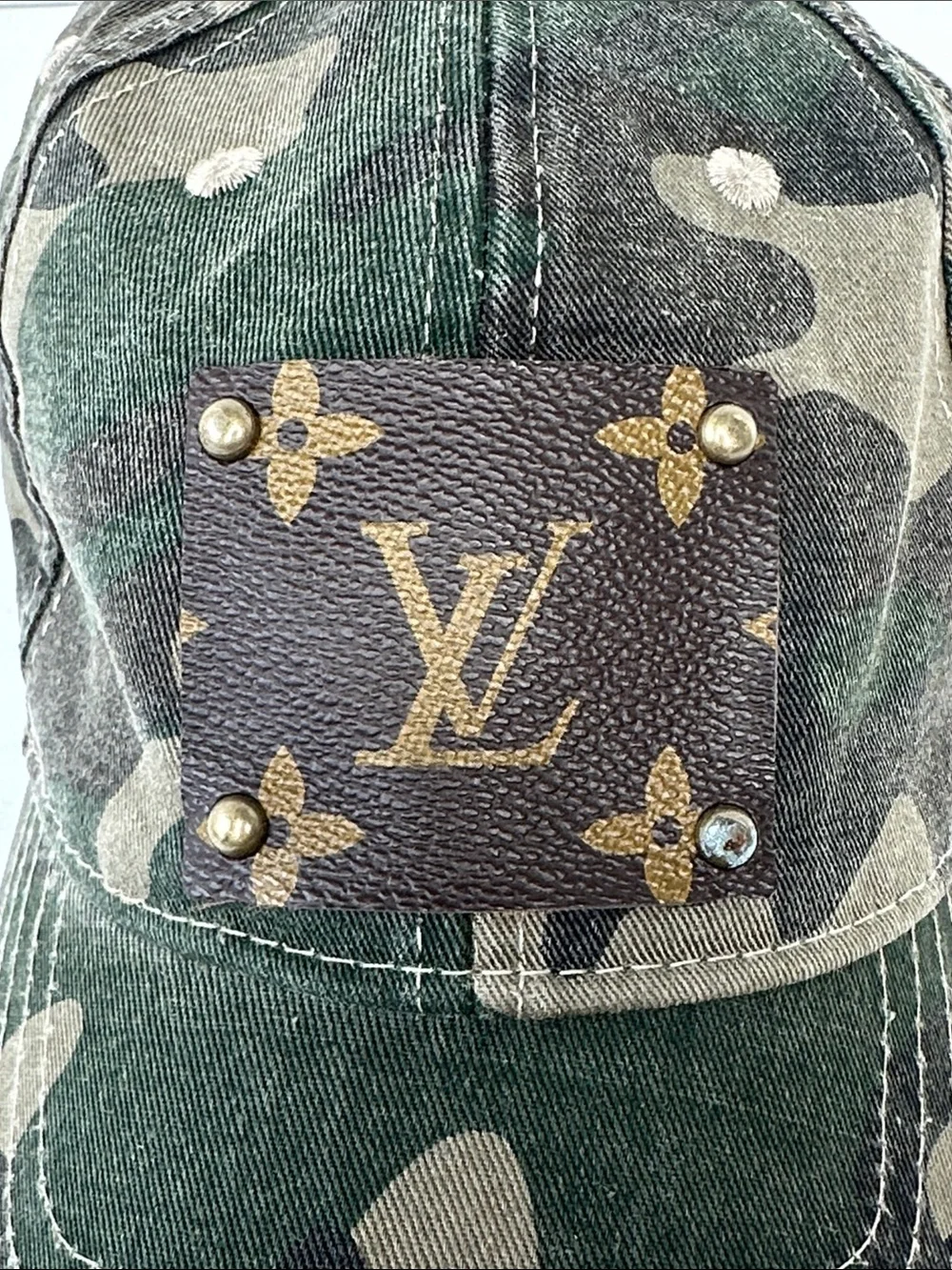 Luxury Inspired Upcycled Camo Baseball Hat One Size Adjustable Velcro Closure - Picture 2 of 10